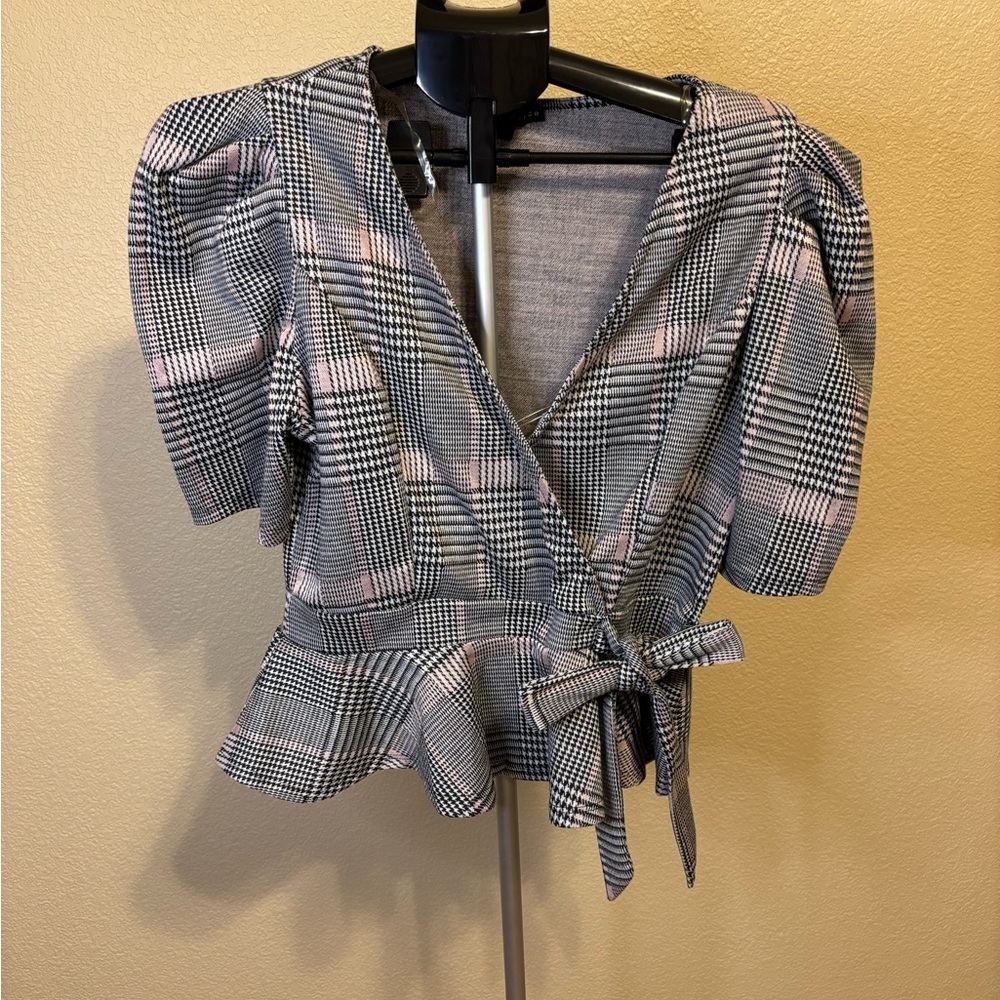 Haute Monde Plaid Wrap Blouse in Black and Pink